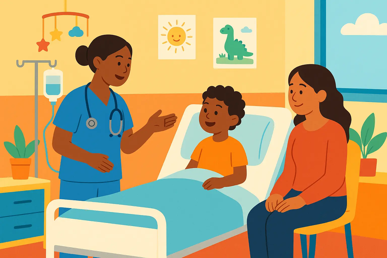 Pediatric nurse communicating with young patient