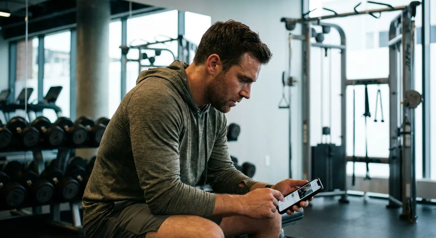 Man looking at workout app on smartphone in gym