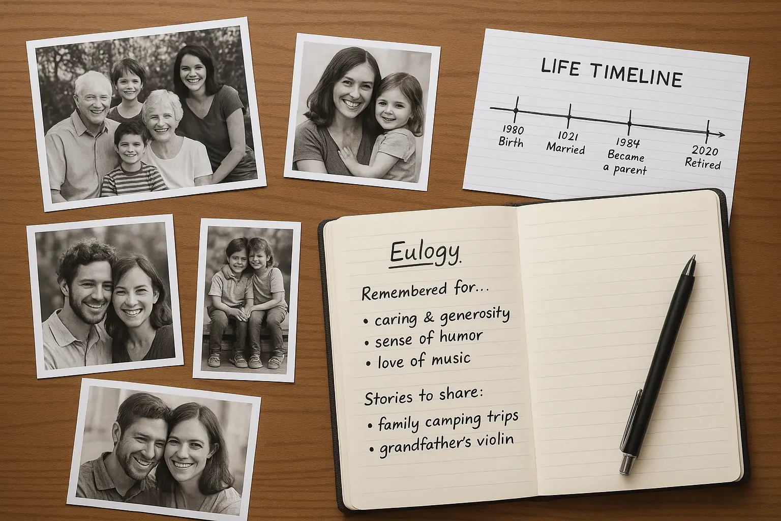 Family photos and memories scattered on table