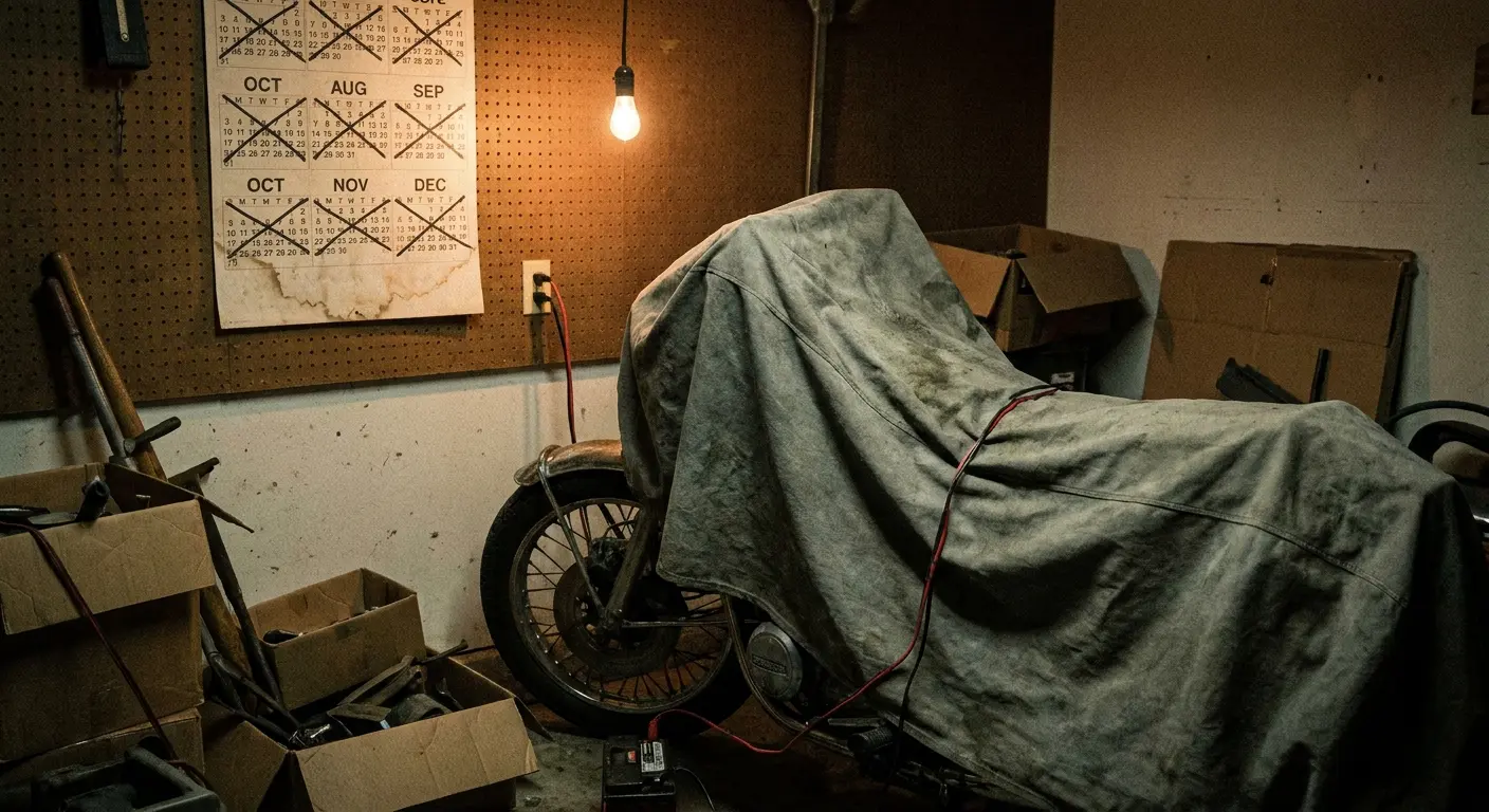 Motorcycle battery storage and maintenance setup