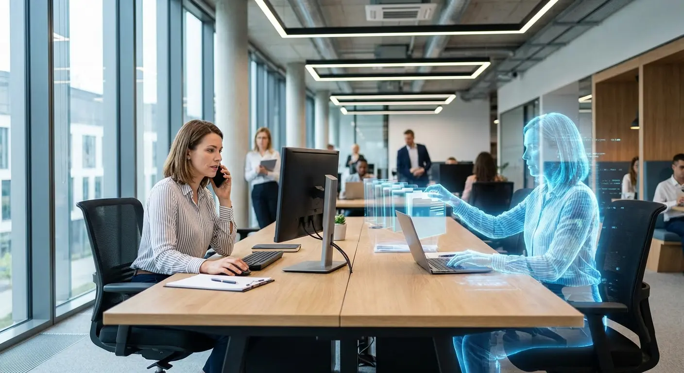 Woman working on laptop with AI notetaker concept