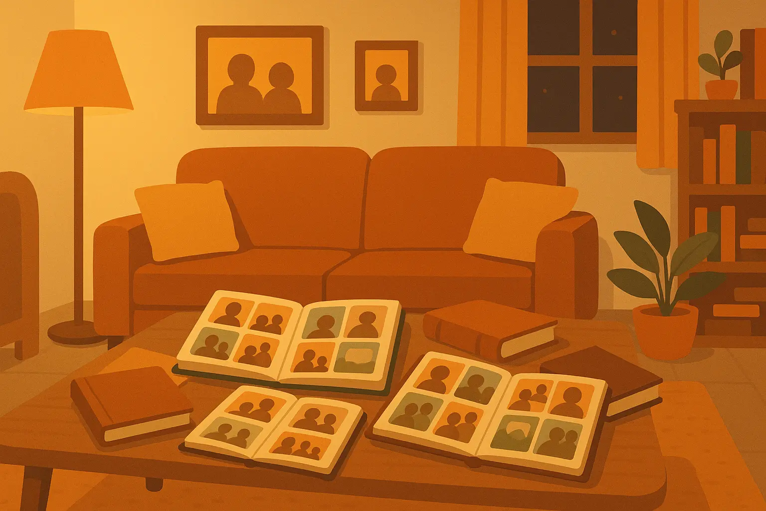 Family photos and memories spread on table