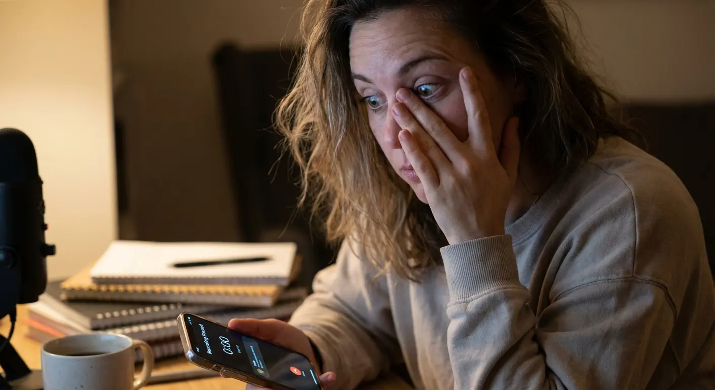 Person holding an iPhone recording audio in a studio setting
