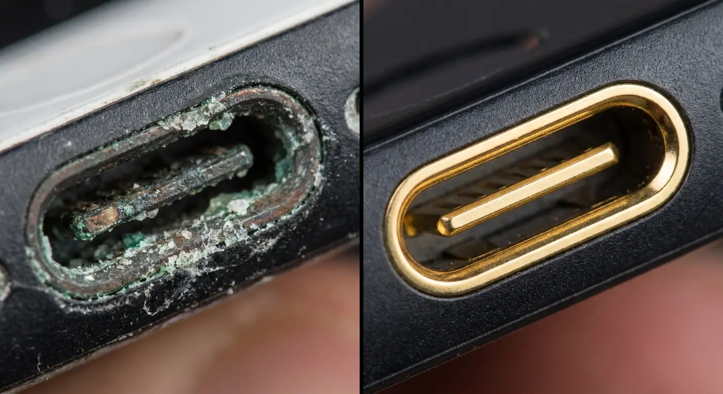 iPhone charging port corrosion close-up