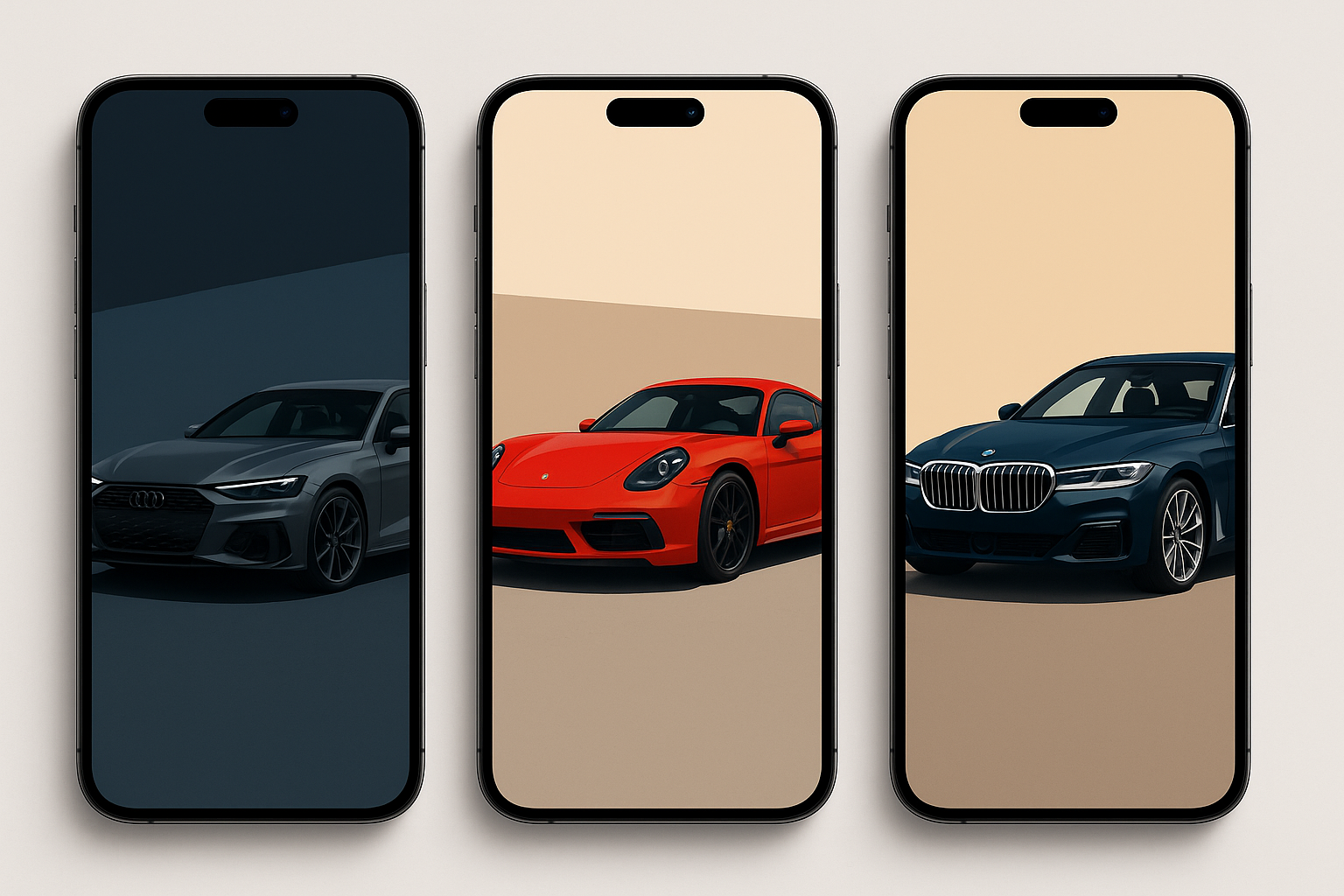 Premium flagship phone displays showing car wallpapers