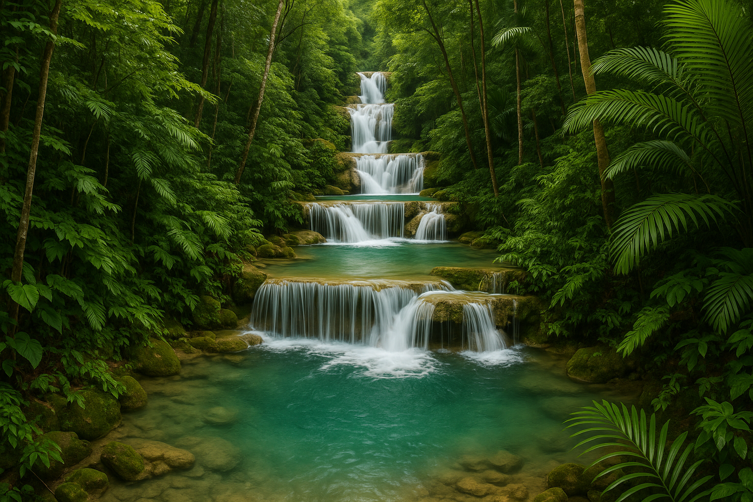 Tropical waterfall paradise with lush vegetation