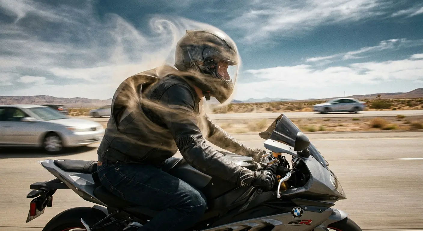 Rider experiencing wind noise on motorcycle highway