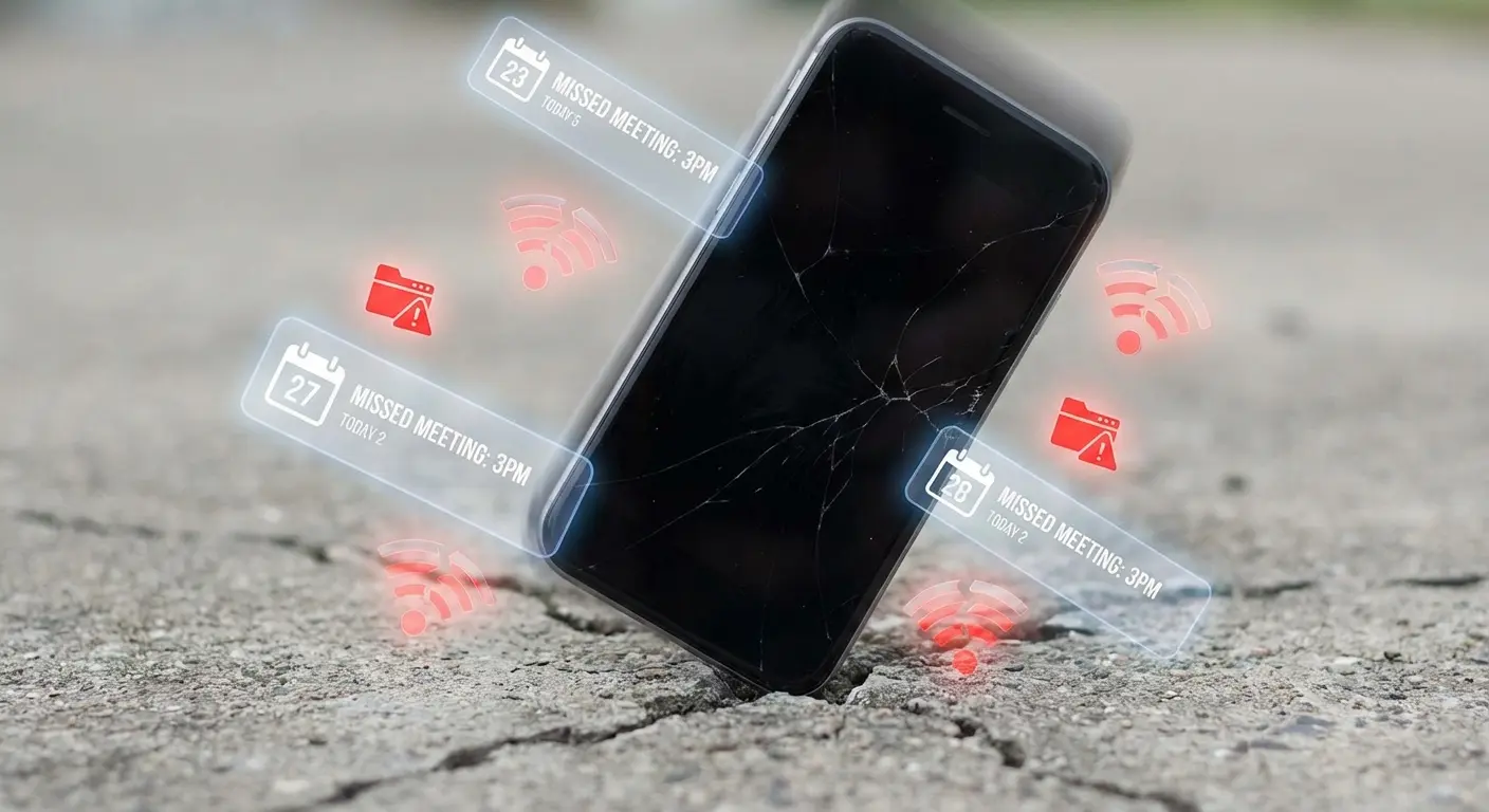 Cracked phone screen on pavement