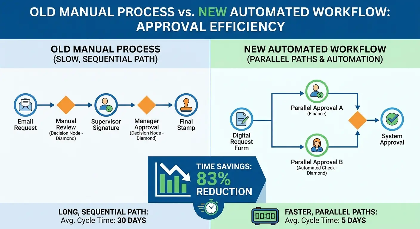 Workflow diagram showing purchase approval automatically routing to IT, Finance, and department heads simultaneously with real-time status visibility