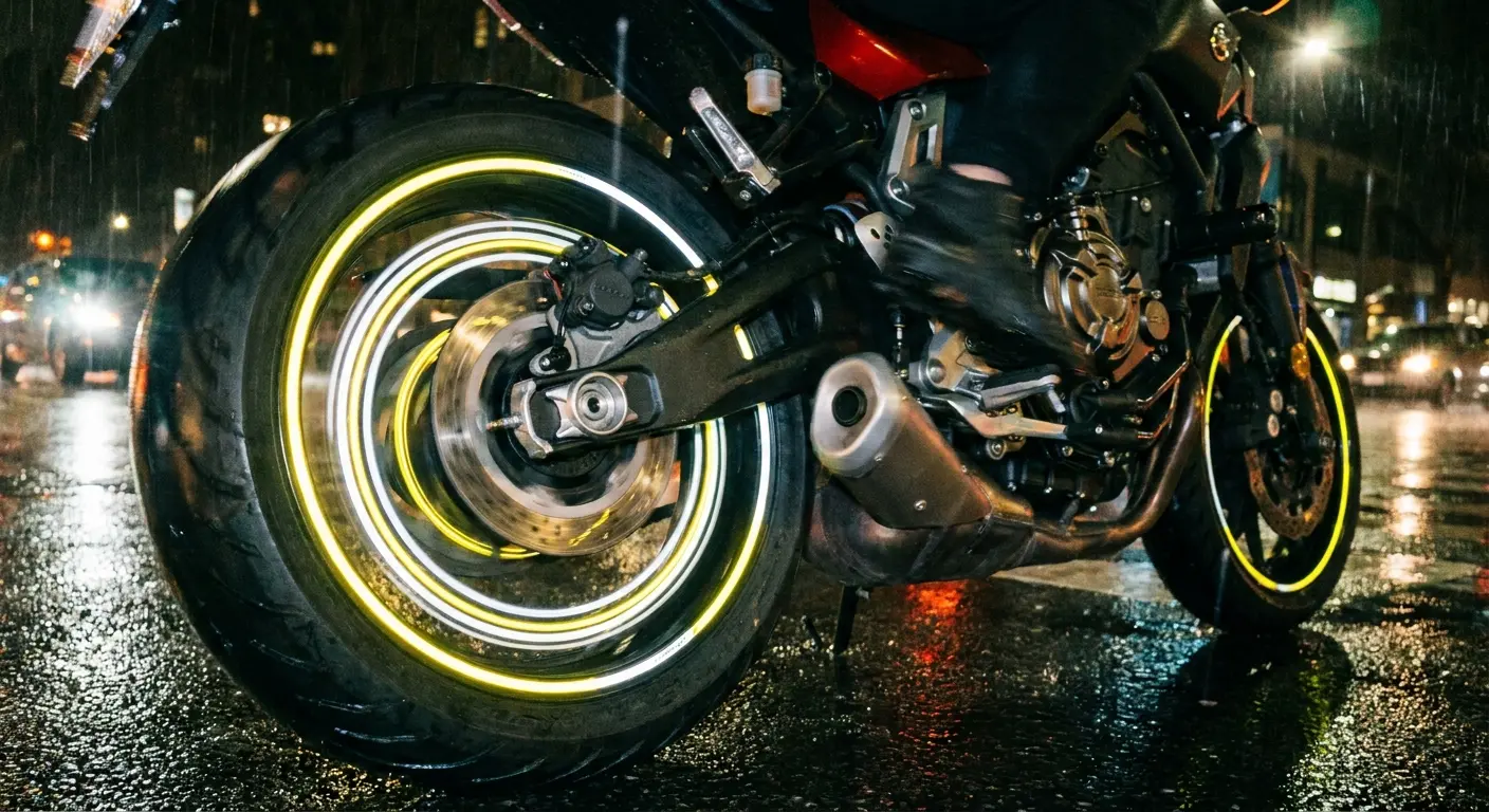 3 # M reflective tape applied to Indian motorcycle wheel rim showing 360-degree visibility