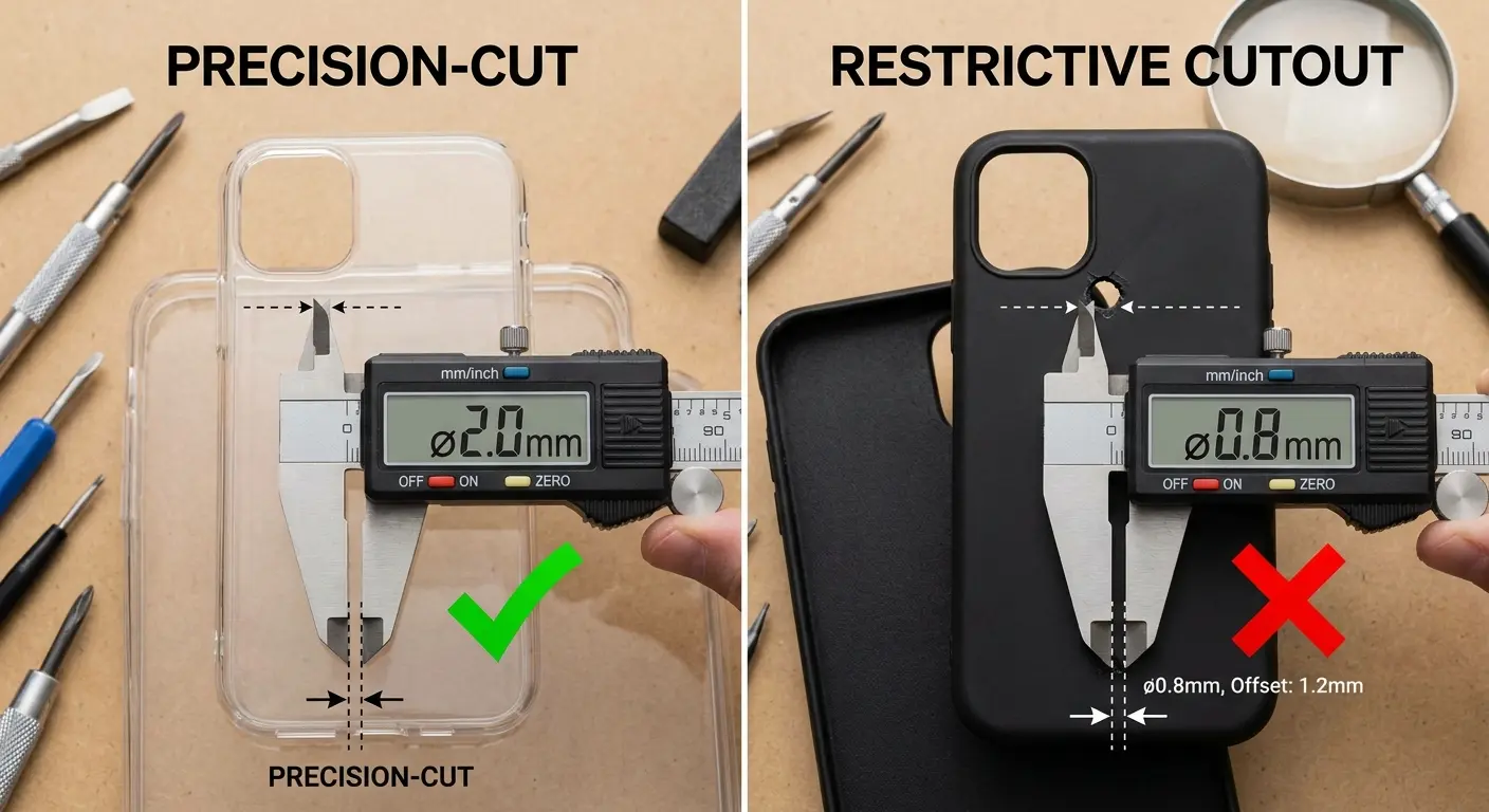Precision case cutouts for microphones showing proper clearance