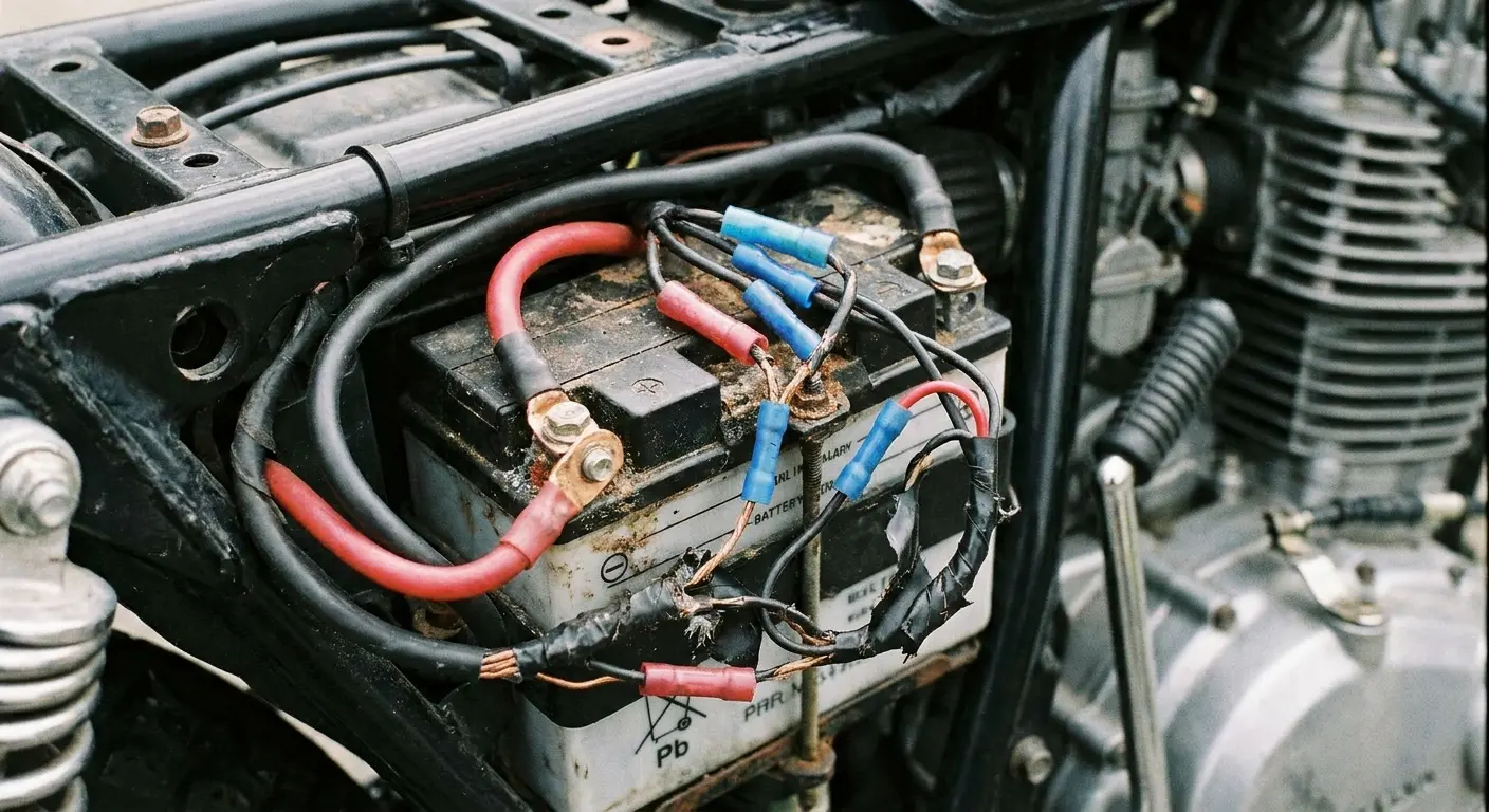 Motorcycle electrical system battery connections showing proper and improper wiring methods