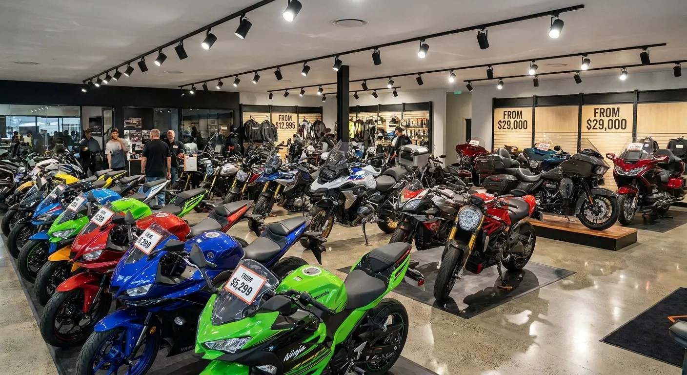 Motorcycle dealership showroom with various bike models