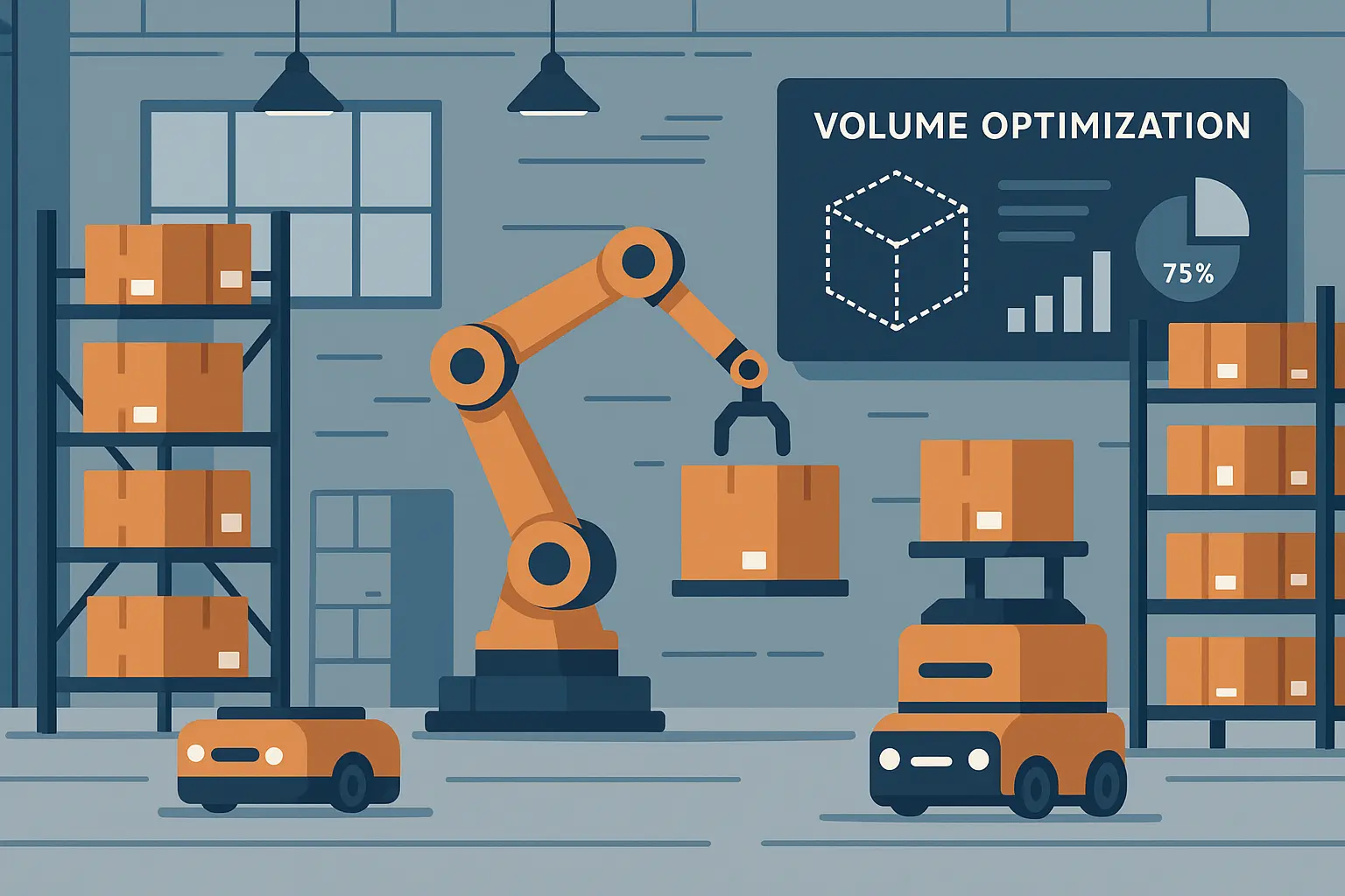 Automated warehouse volume optimization systems