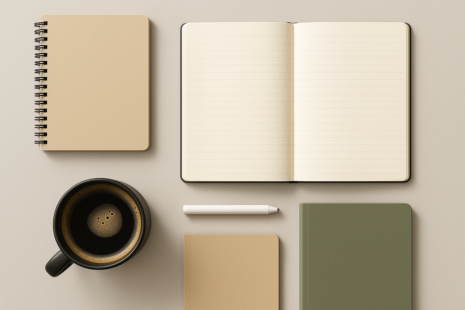 Modern study flat lay with laptop, coffee, and organized supplies