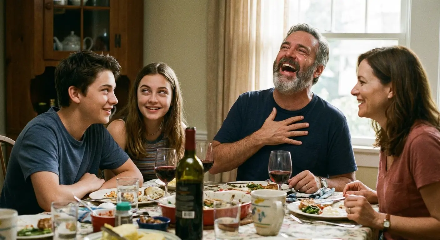dad laughing at his own joke at a dinner table