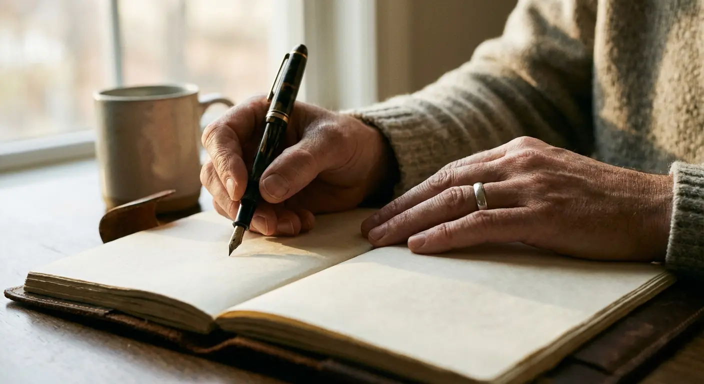 A person looking at old photos of their mother while writing a eulogy