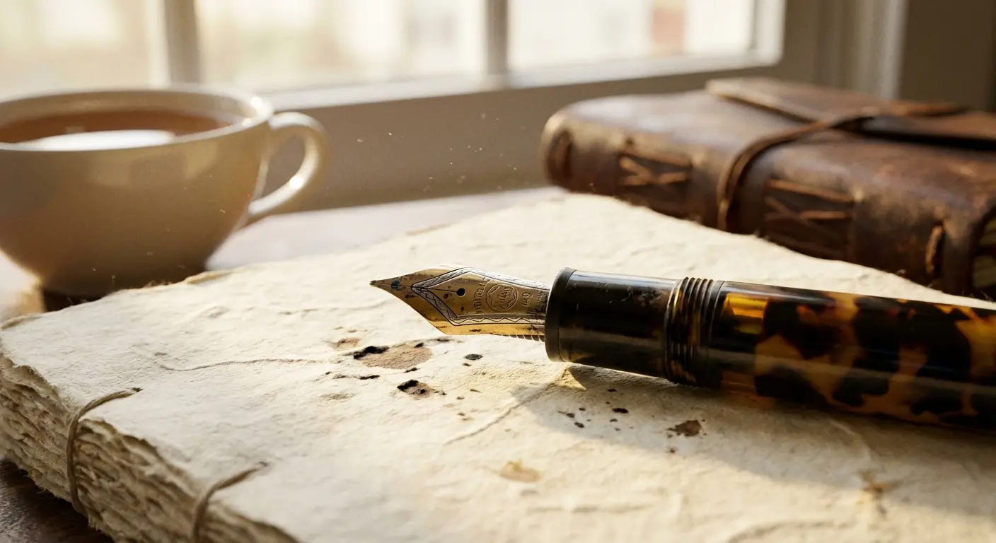 Person writing a eulogy in a notebook with a pen