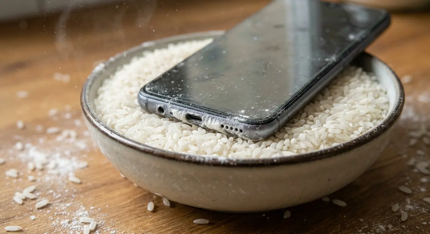 Phone in rice bowl showing ineffective drying