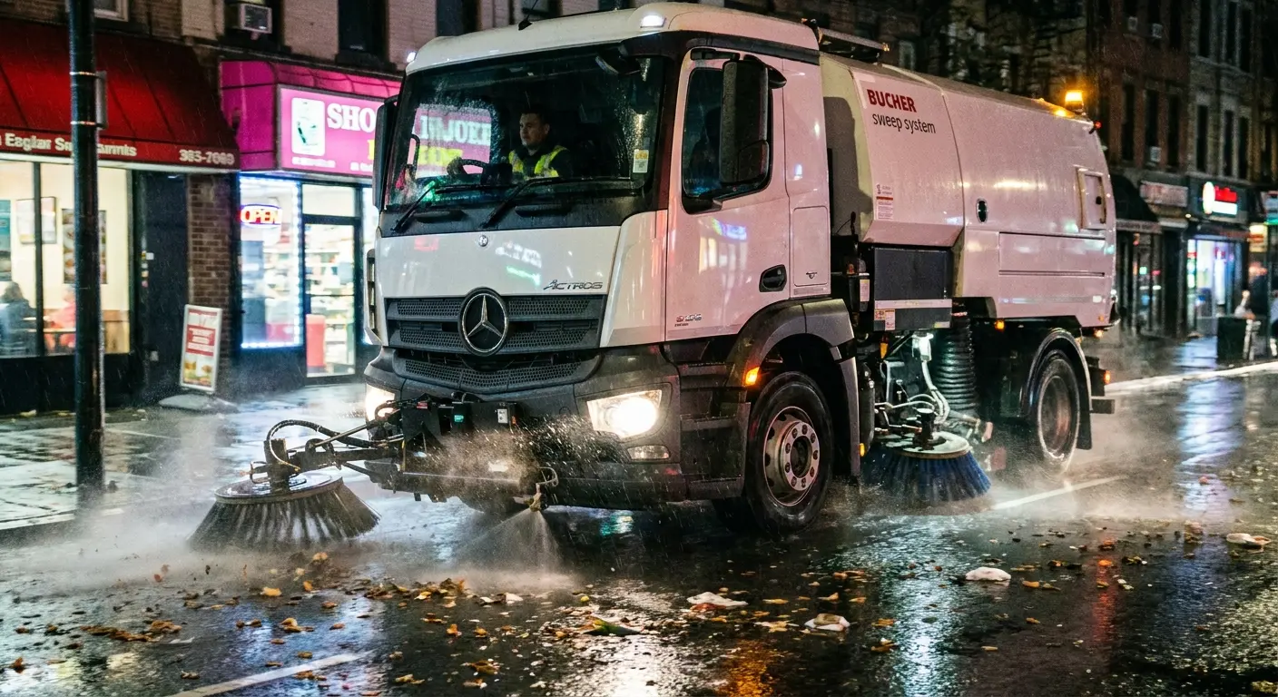 Street sweeper cleaning urban road at night when traffic is minimal