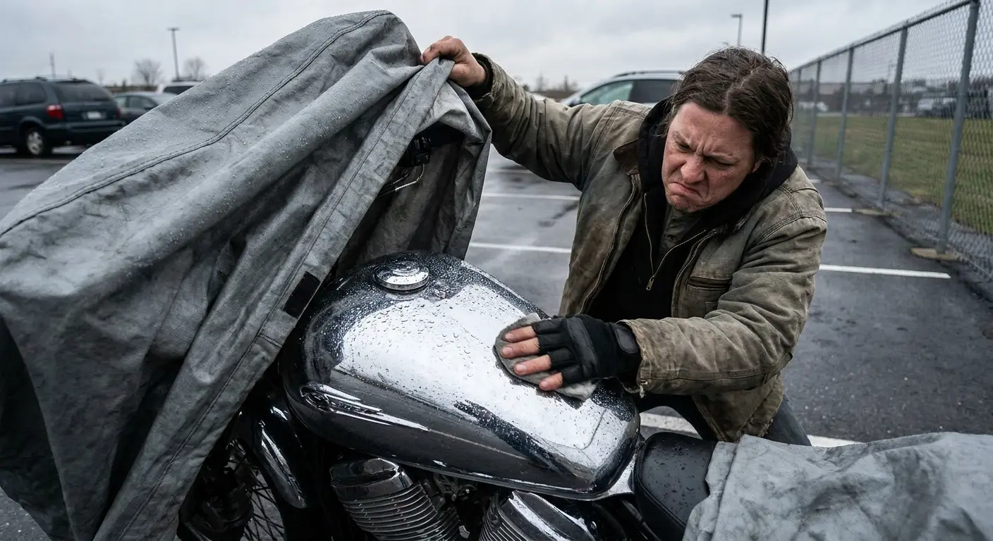Motorcycle covered with protective cover outdoors