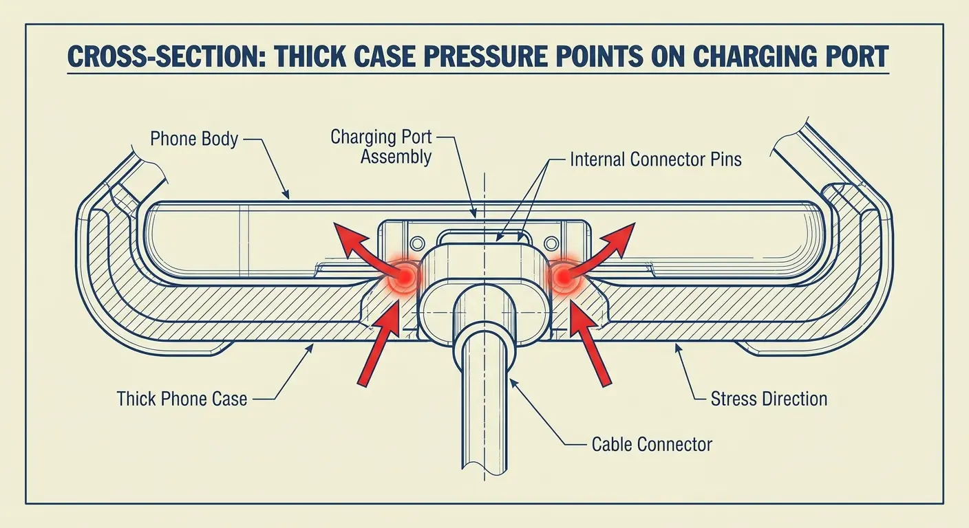 Phone case pressure points around charging port