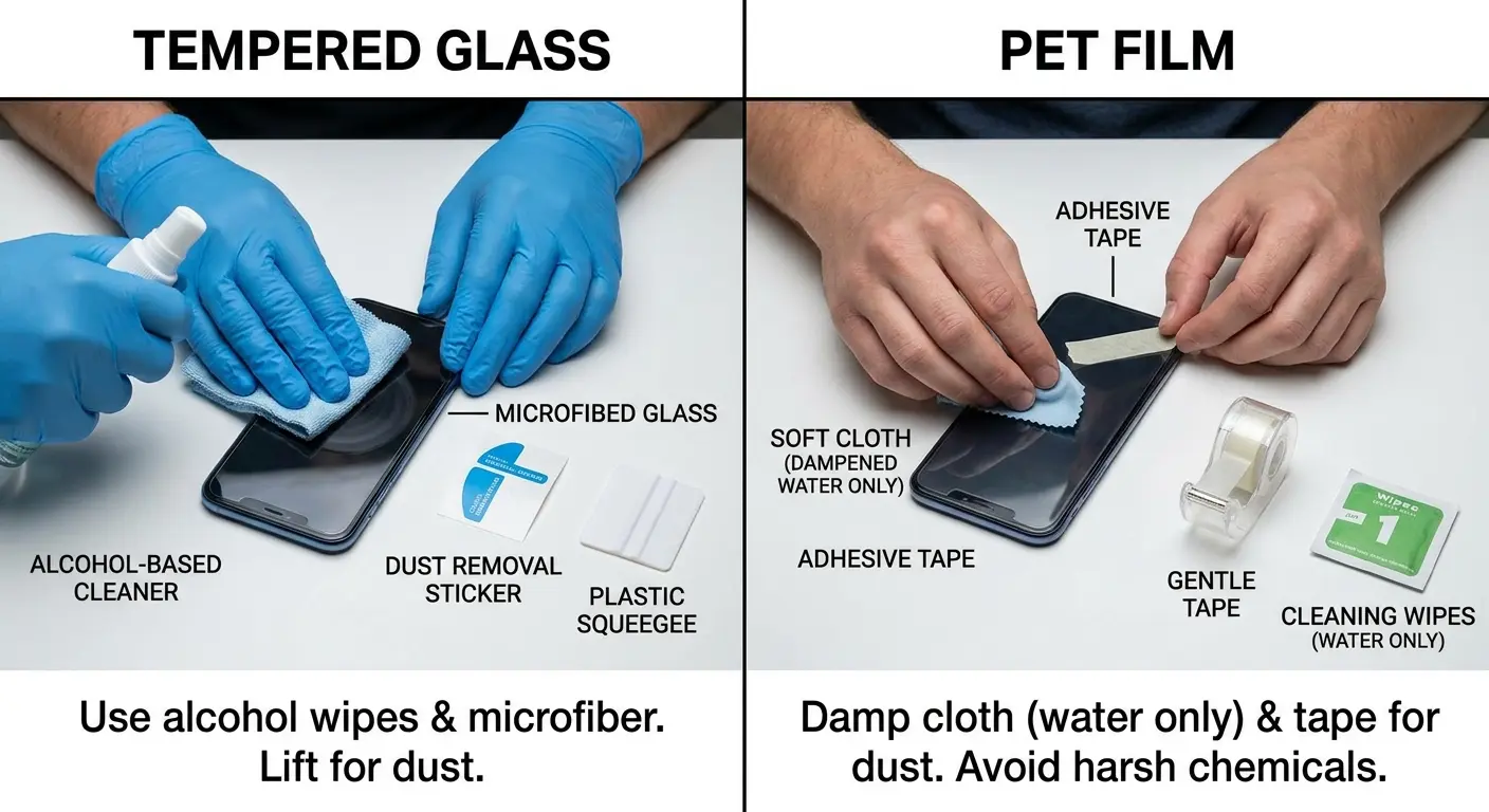 Glass screen protector cleaning technique demonstration
