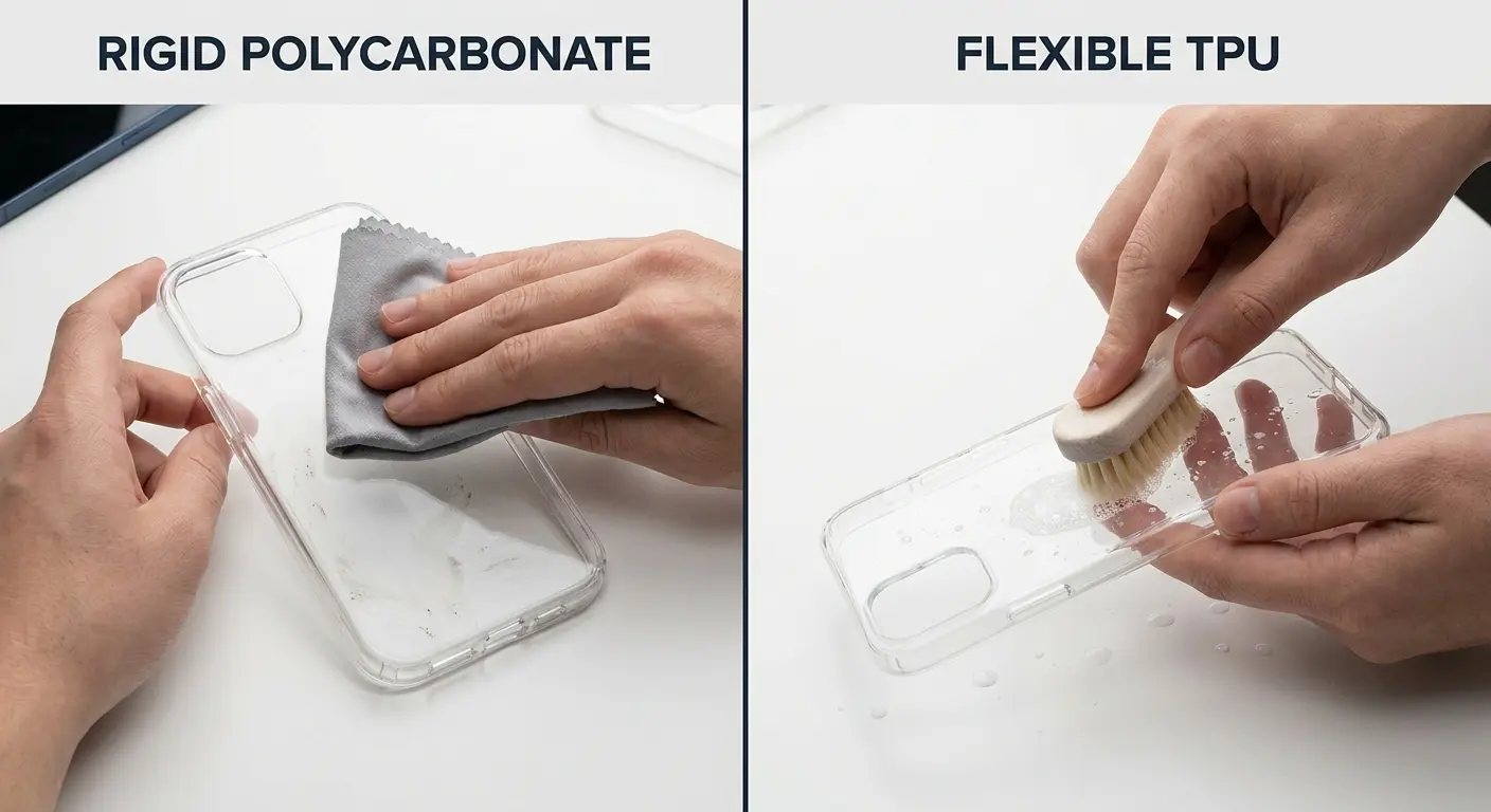 Polycarbonate phone case being cleaned