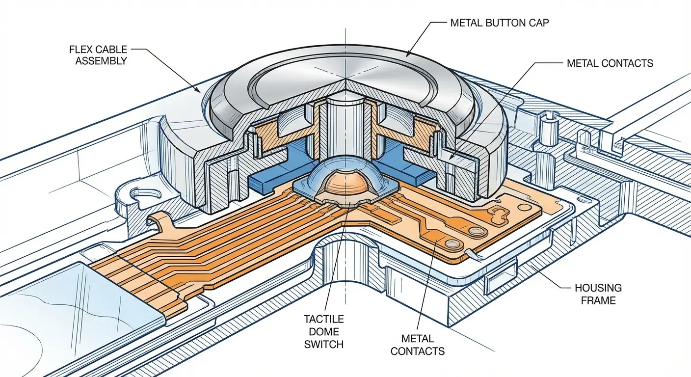Smartphone button assembly showing internal components