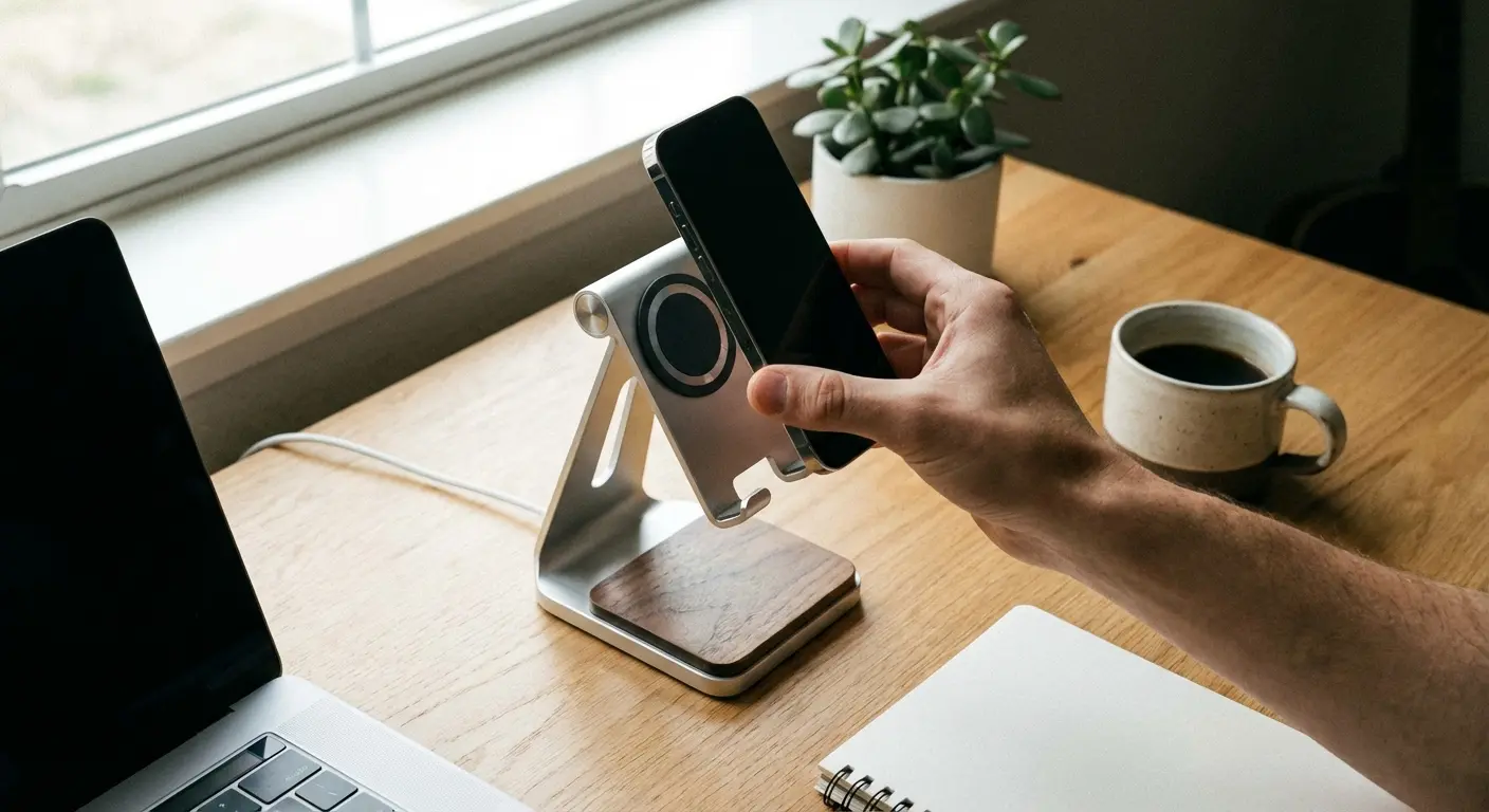 Magnetic phone grip attached to metal surface