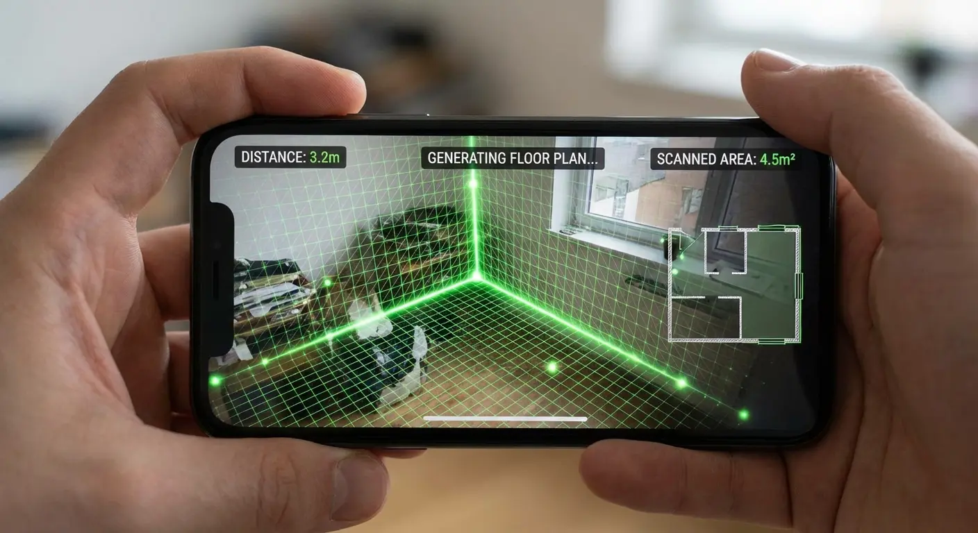 RoomScan Pro interface showing a floor plan generated via phone scan