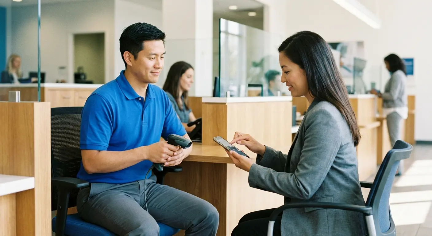 Staff member helping scan QR code