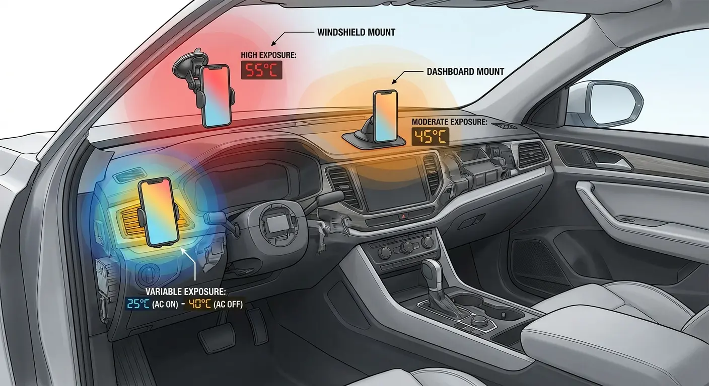Phone mounting position heat exposure