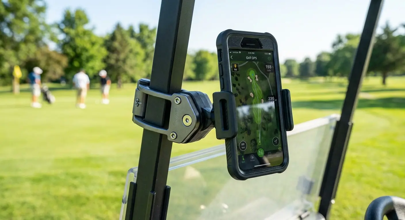 Golfer using phone mounted on golf cart