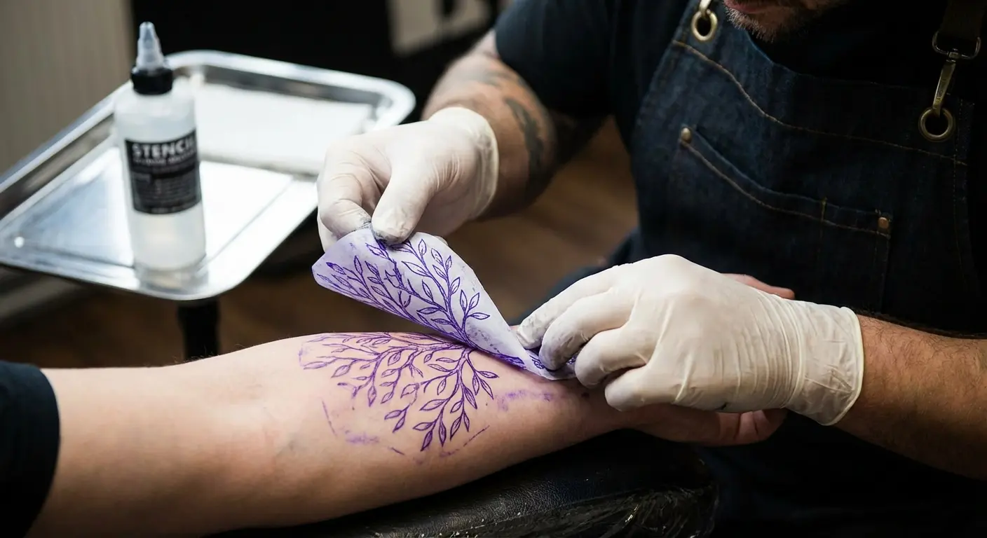 Stencil of a tree tattoo being applied to skin