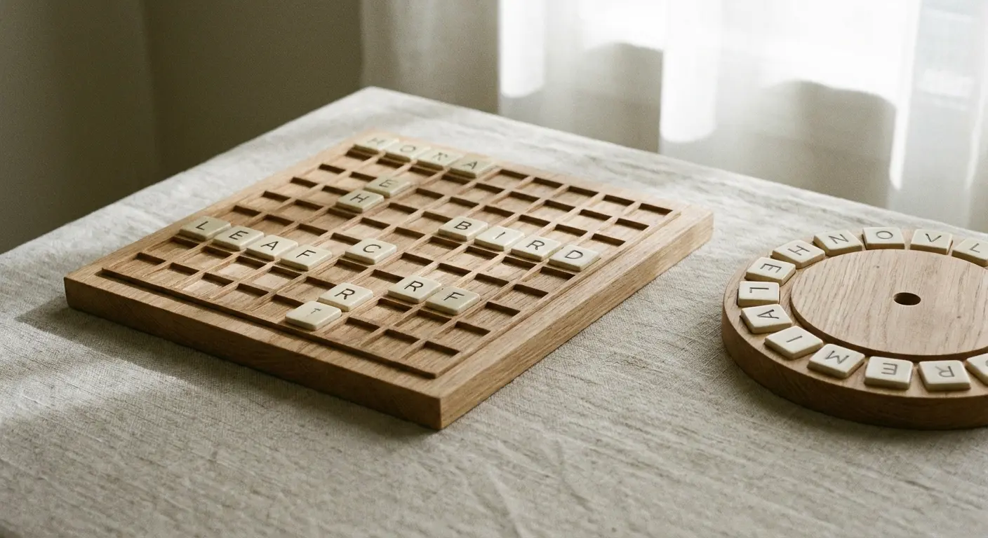 Word puzzle game interface showing letter tiles and blank spaces