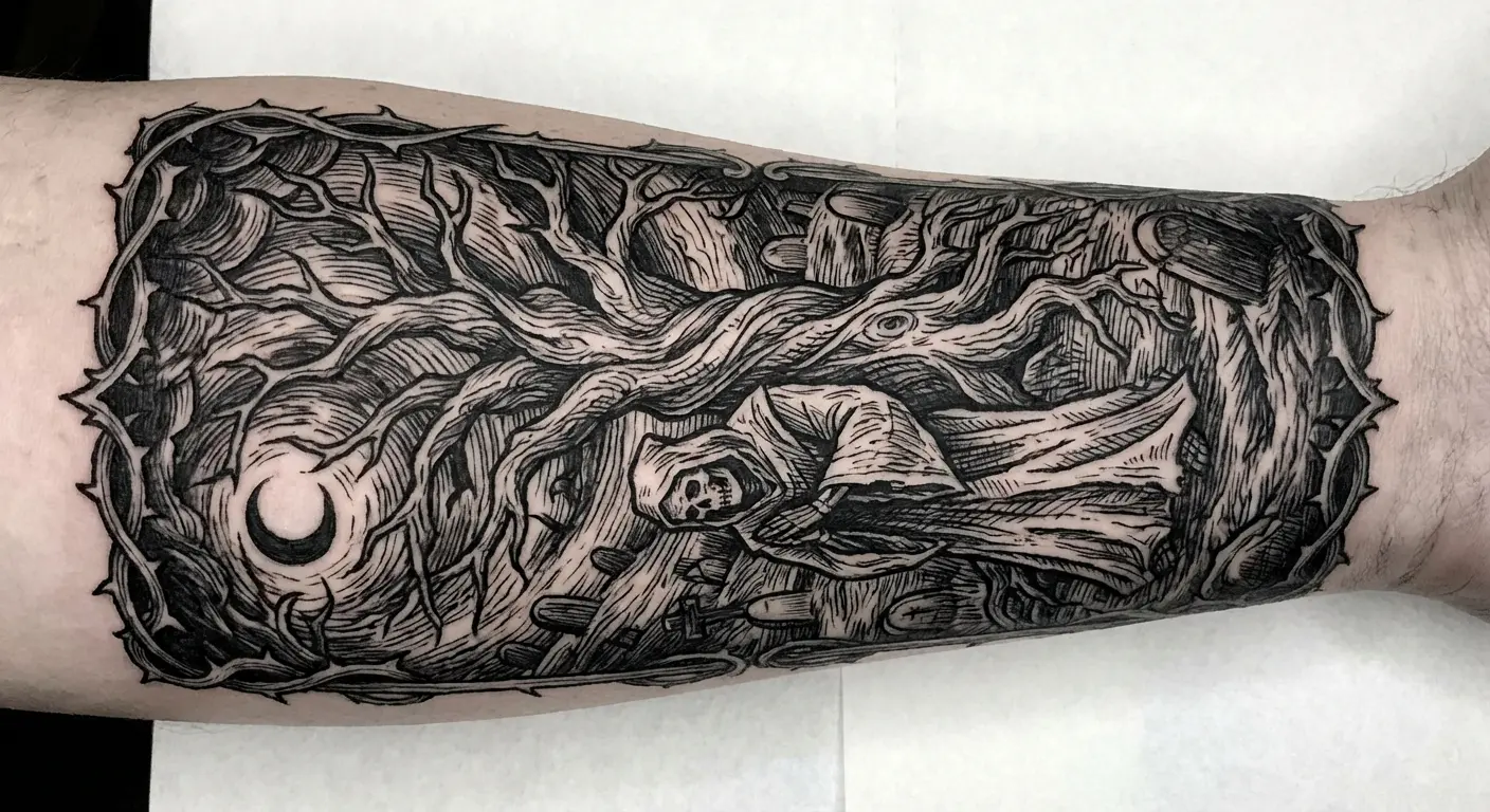 Twisted and gnarled tree roots tattoo design sketch