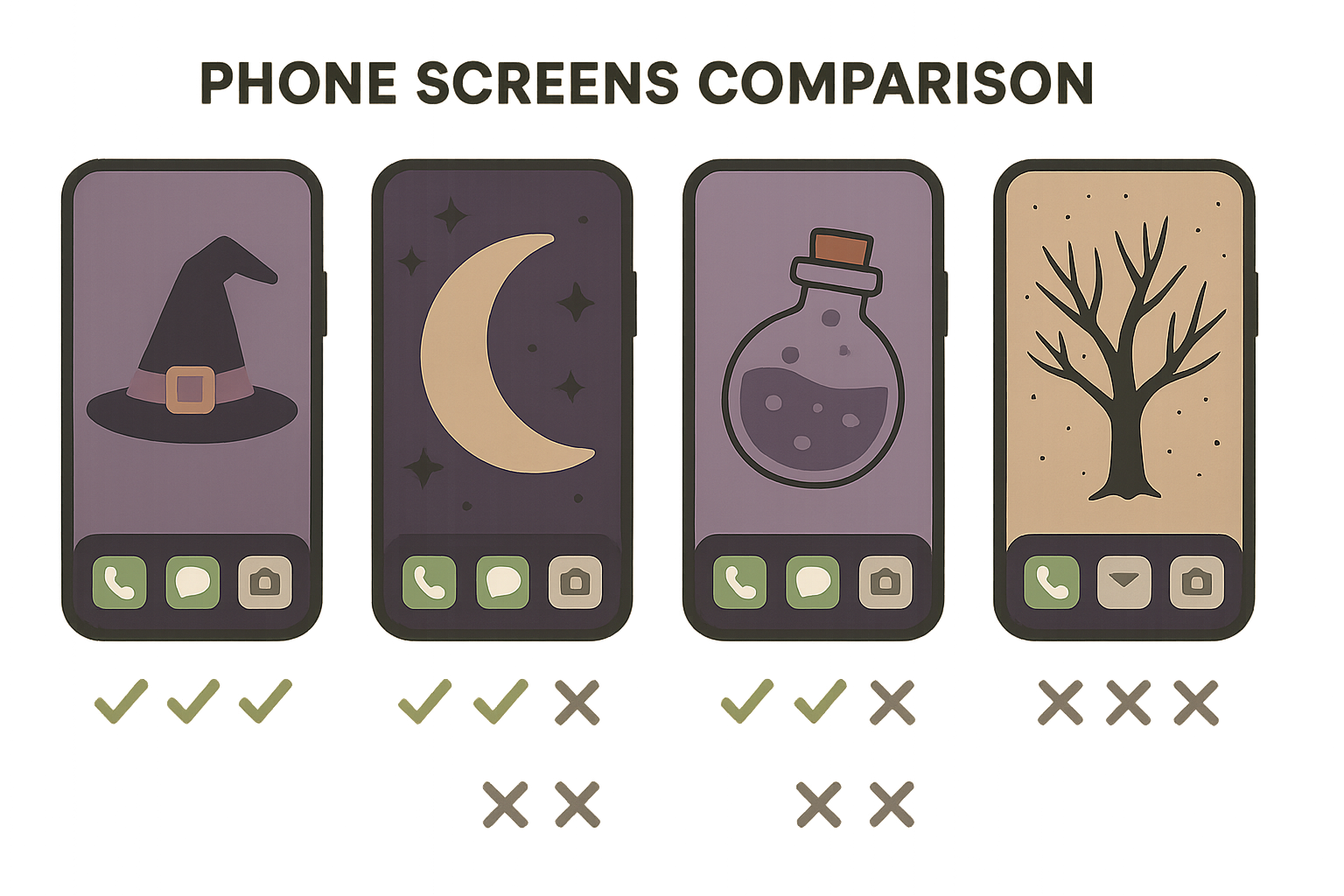 Phone screen showing different witchy wallpapers with app icon compatibility