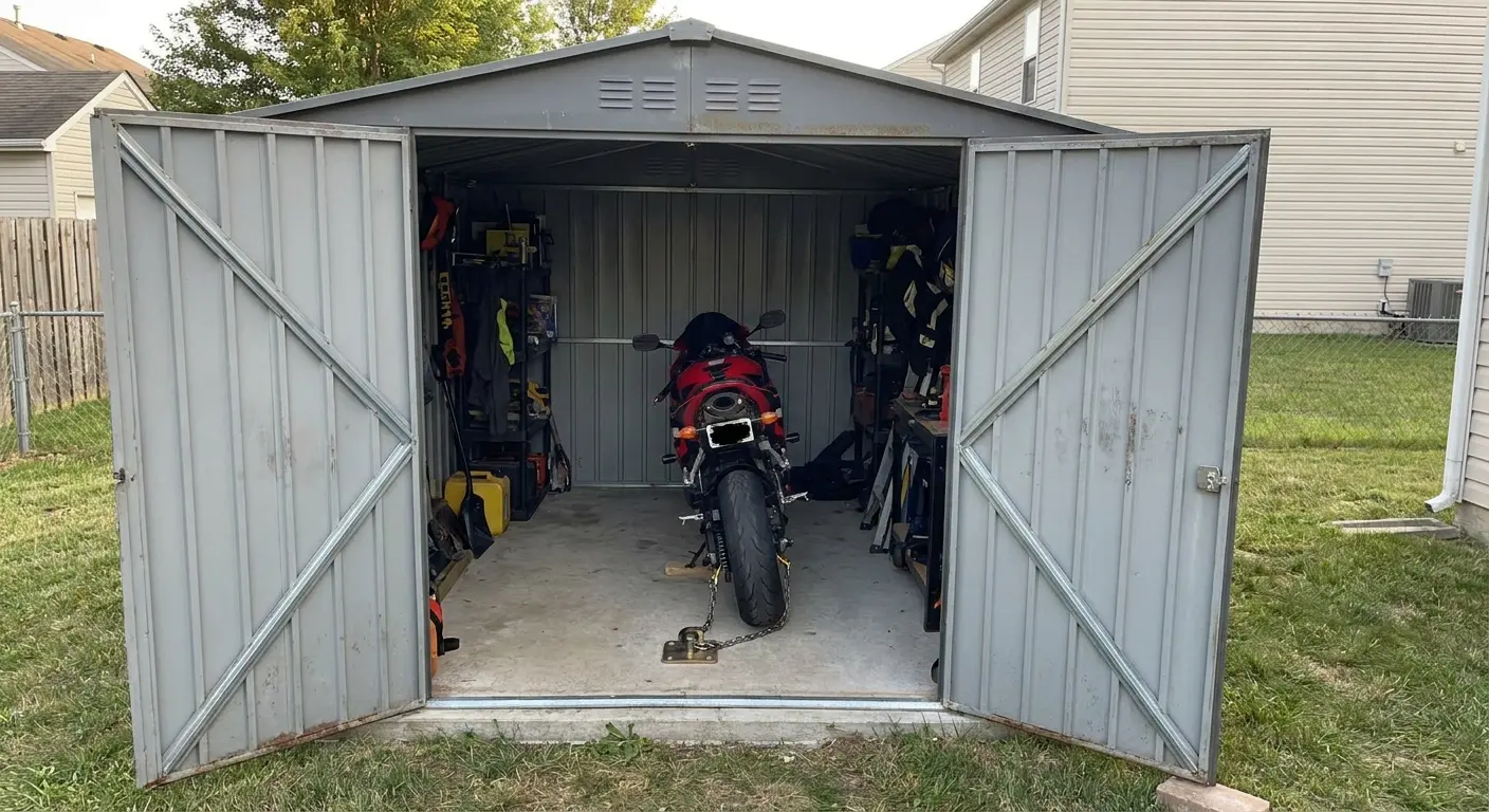 Metal storage shed for motorcycles