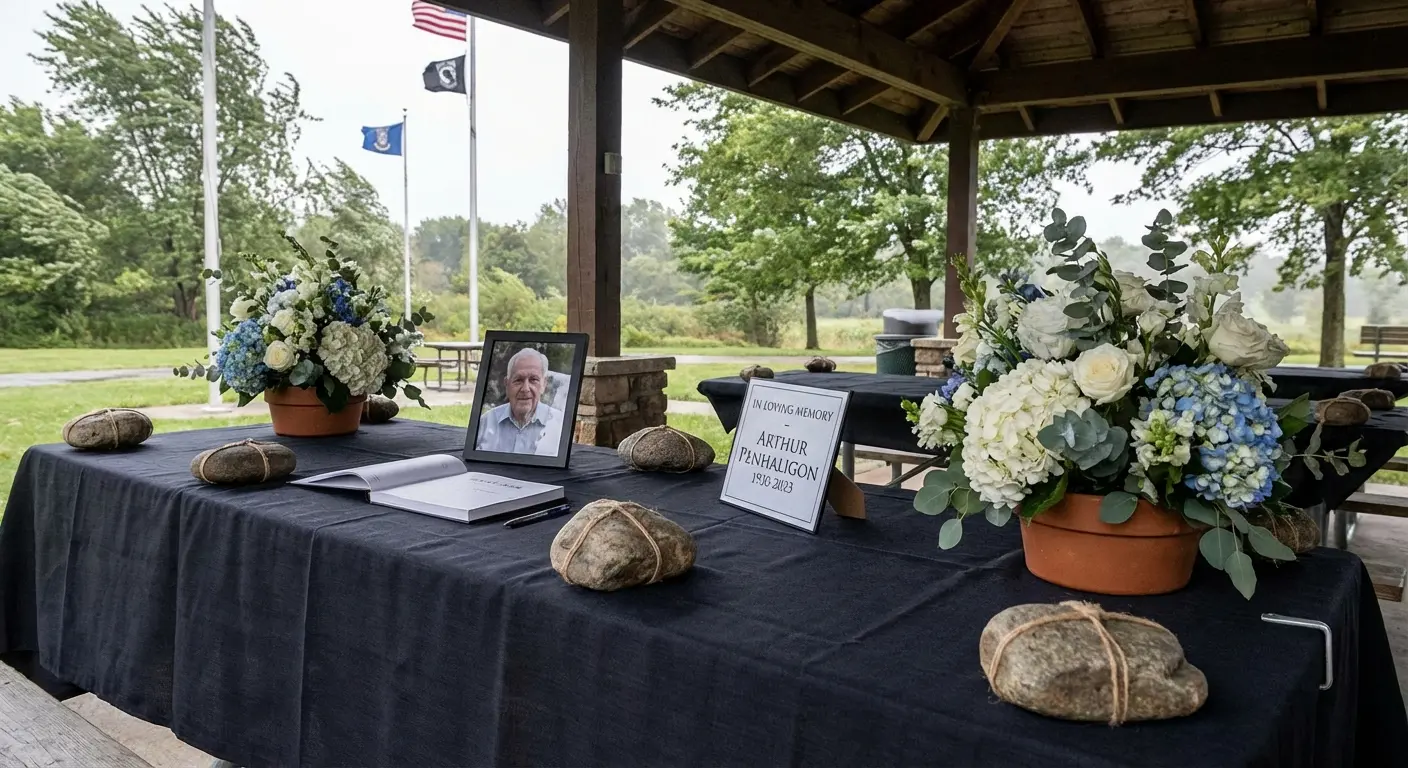 Outdoor celebration of life setup with weighted decor and weather considerations