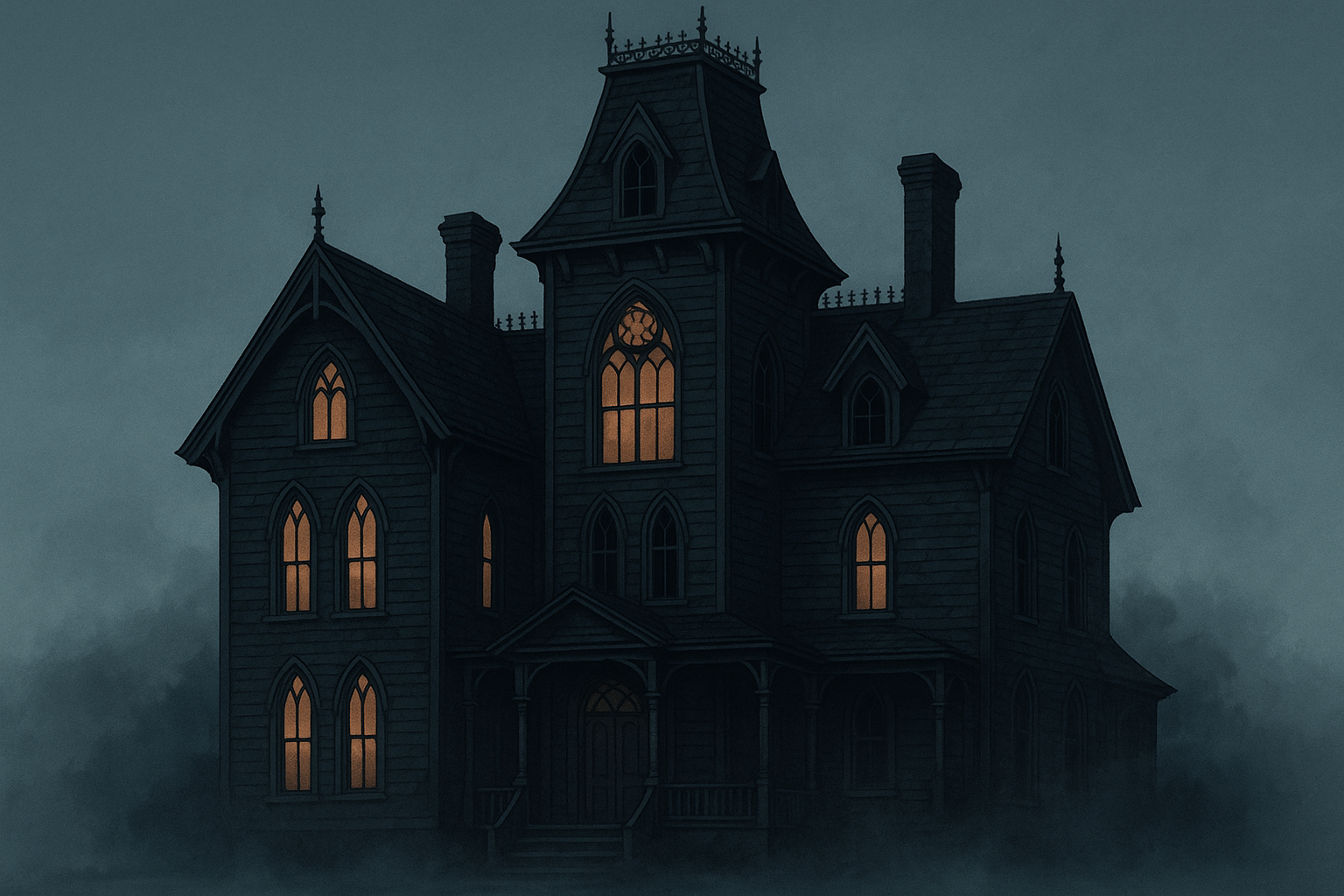 Haunted Victorian mansion with atmospheric fog and dramatic lighting