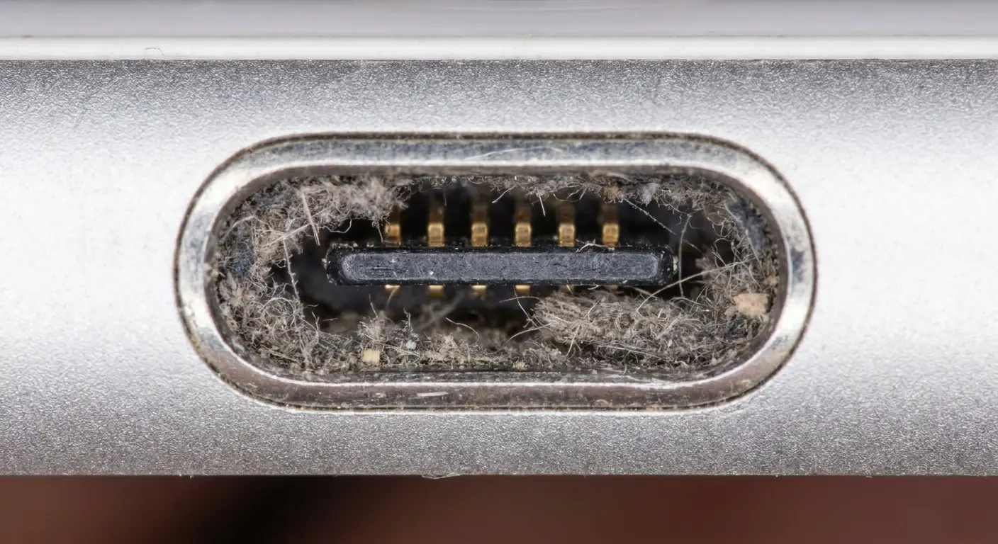 Dirty iPhone charging port with lint buildup