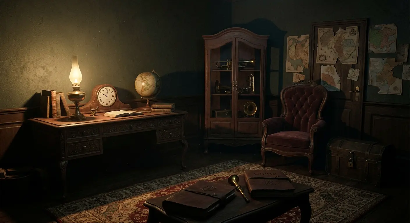 Escape room puzzle showing mysterious room with hidden clues