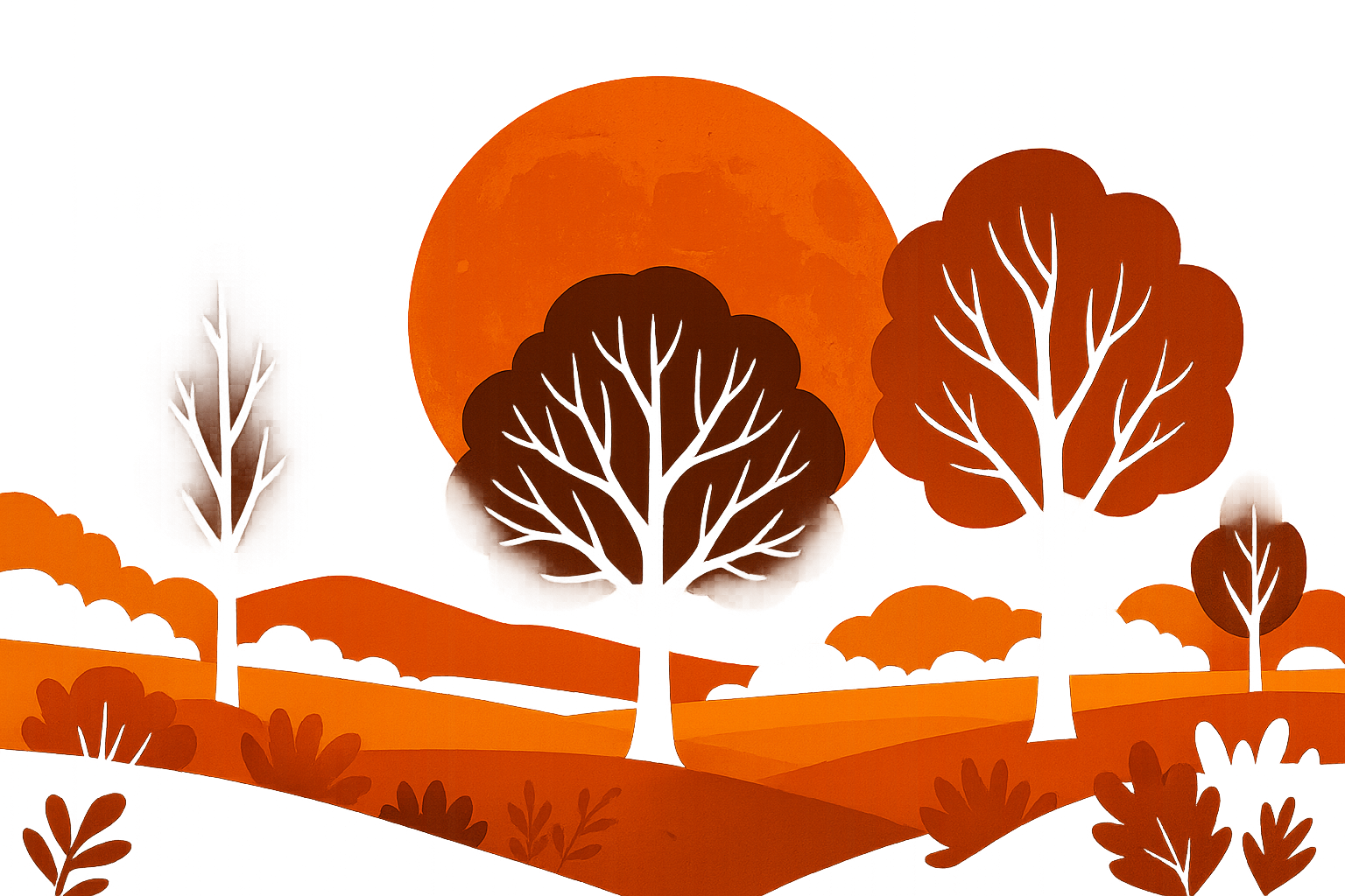 Large harvest moon over autumn landscape with tree silhouettes