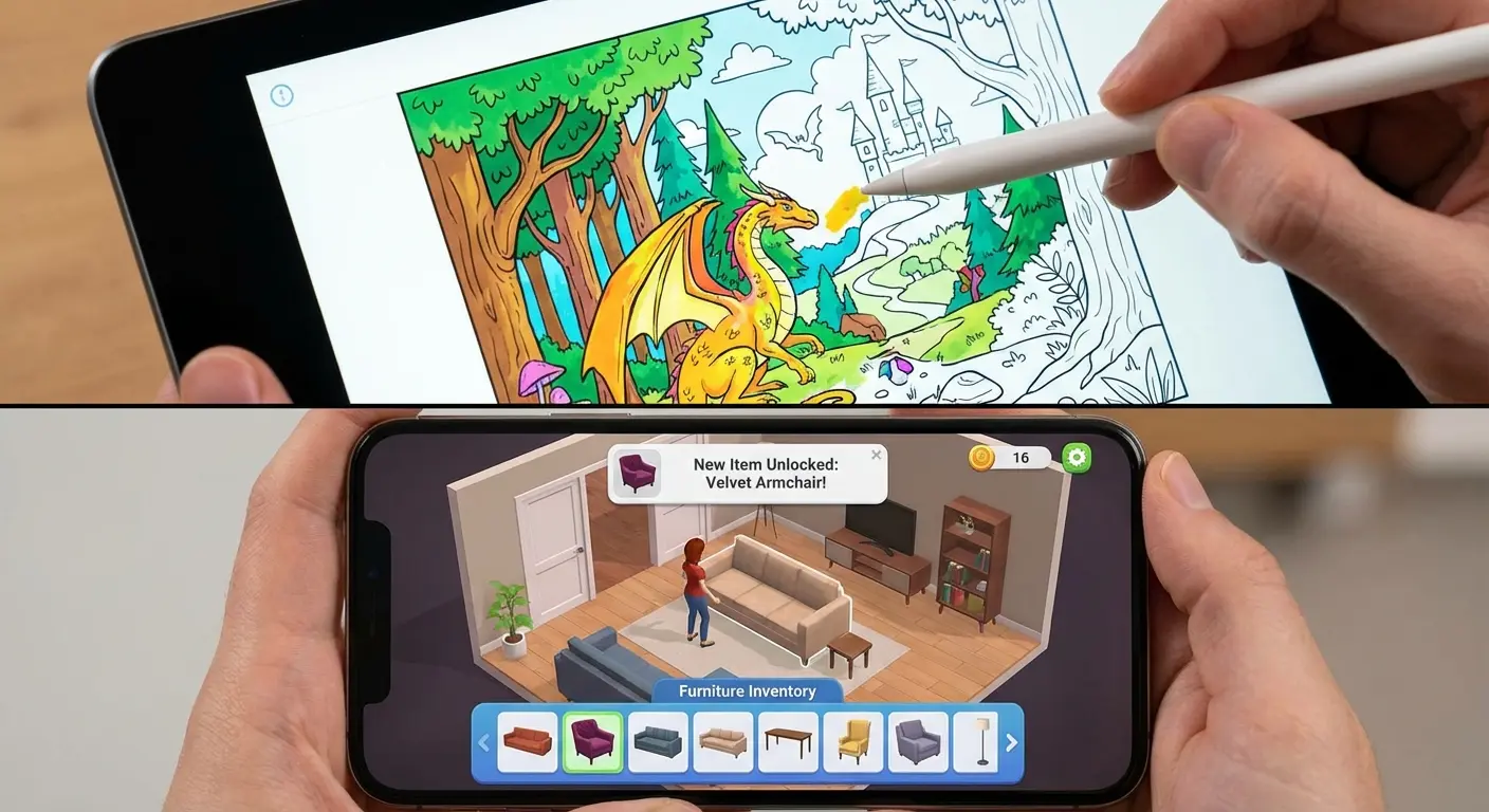 Gallery Coloring Book app showing home decoration gameplay