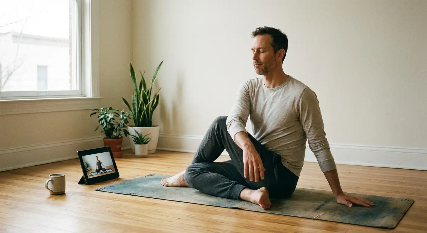 Man stretching using mobility app guidance