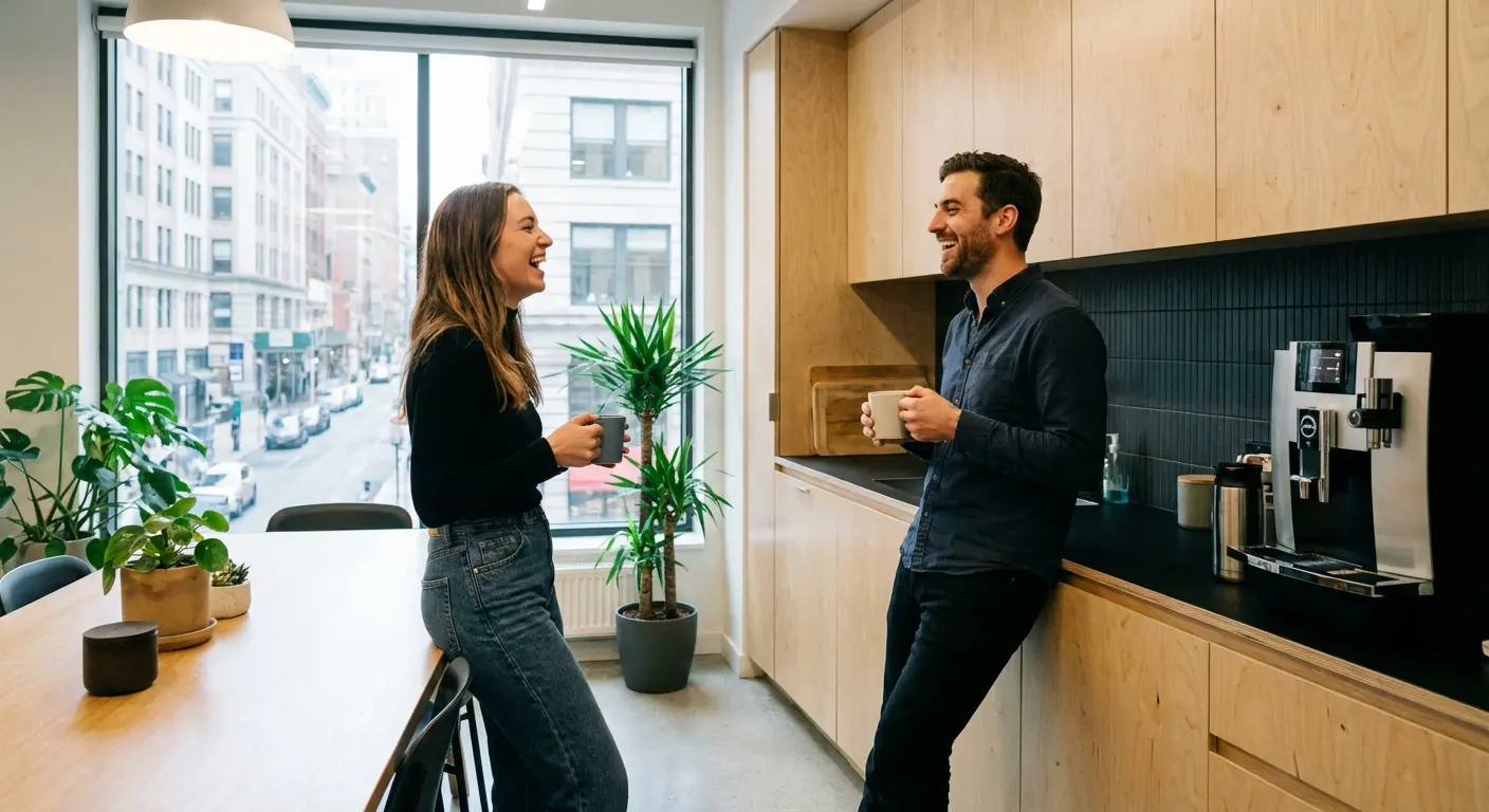 Two coworkers talking in an office setting