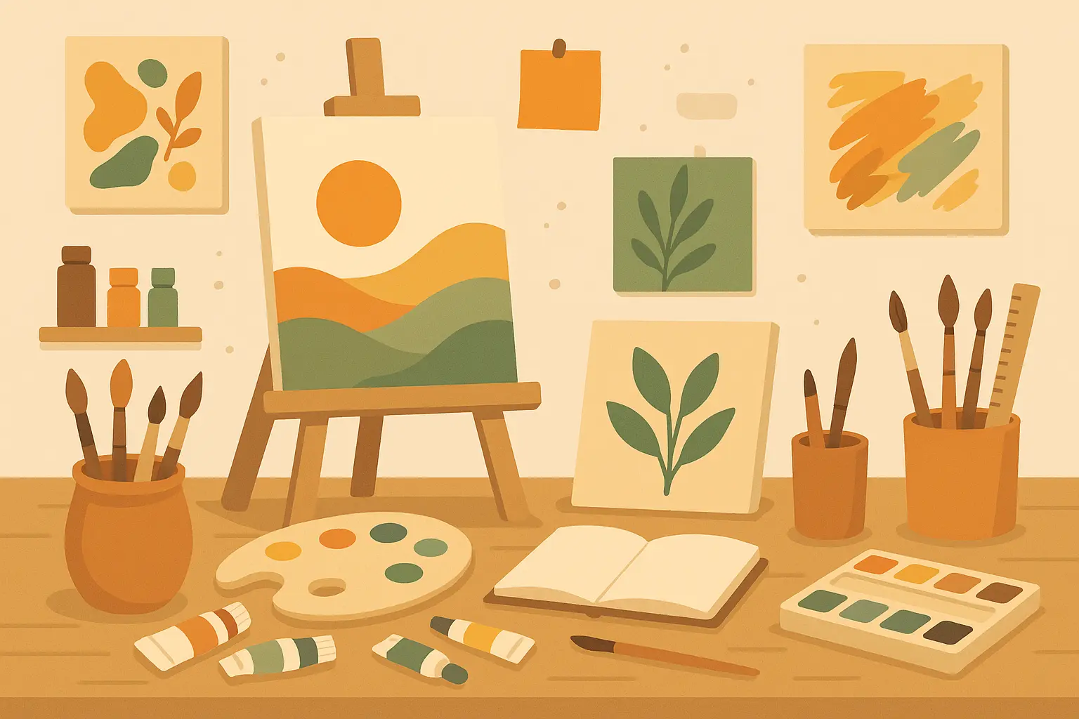 Creative workspace with art supplies and finished projects