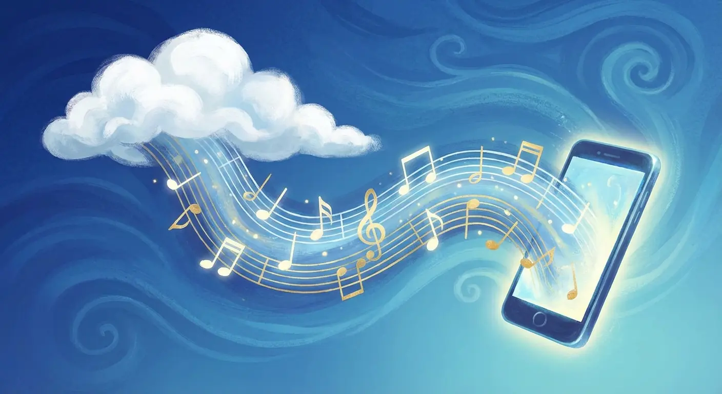 Cloud storage icons connecting to a smartphone music player
