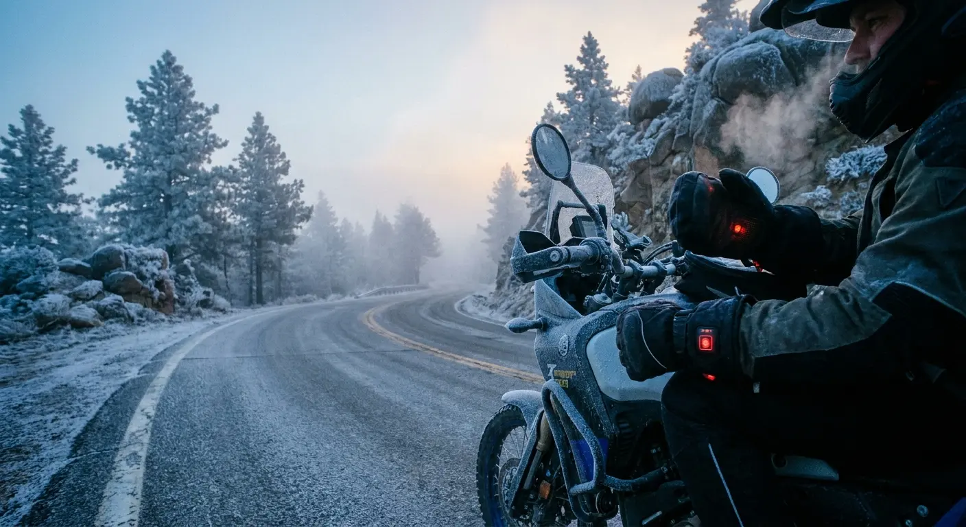 Rider wearing heated gloves in cold weather